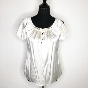 WHBM ecru ivory silver neckline silk top size Extra Small XS NWT